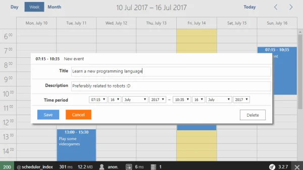 Calendario de eventos en Symfony 3 con dhtmlxScheduler