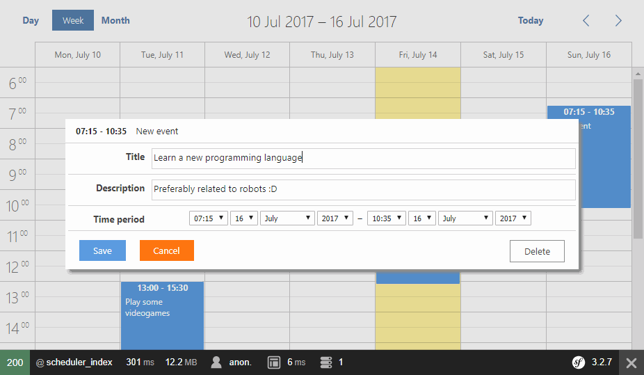 Calendario de eventos en Symfony 3 con dhtmlxScheduler