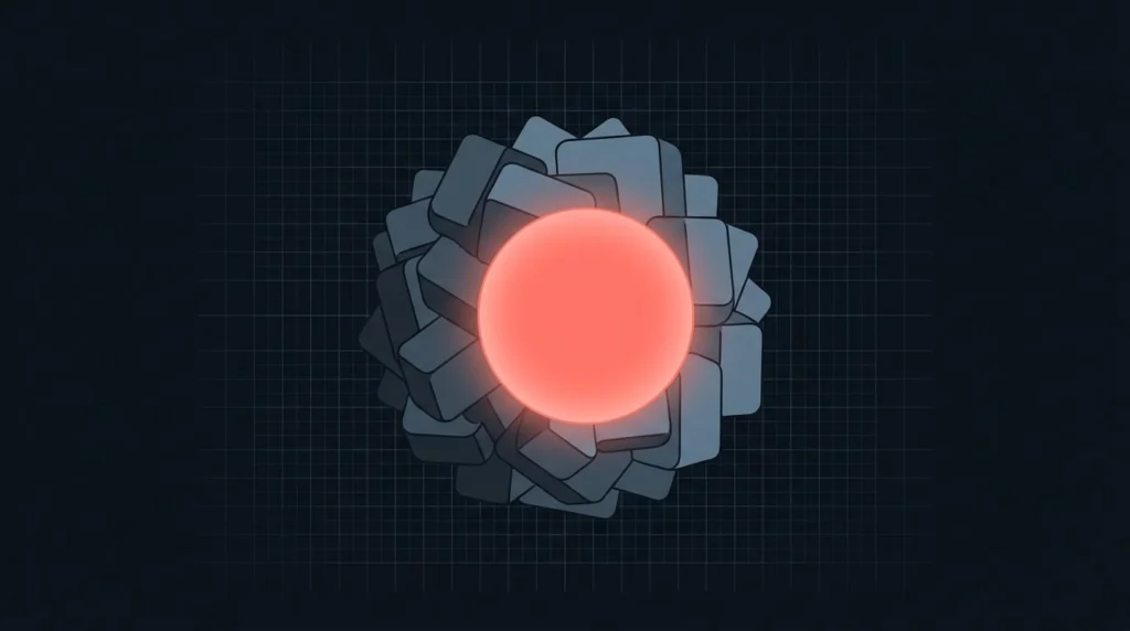 Ilustración: piezas amontonadas y desordenadas alrededor de una esfera roja, que representan una página pesada y llena de elementos