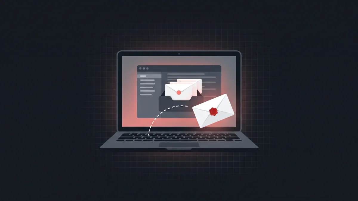 Ilustración de una laptop con un sobre que entra a una bandeja de correo