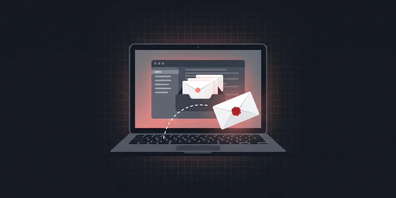 Ilustración de una laptop con un sobre que entra a una bandeja de correo