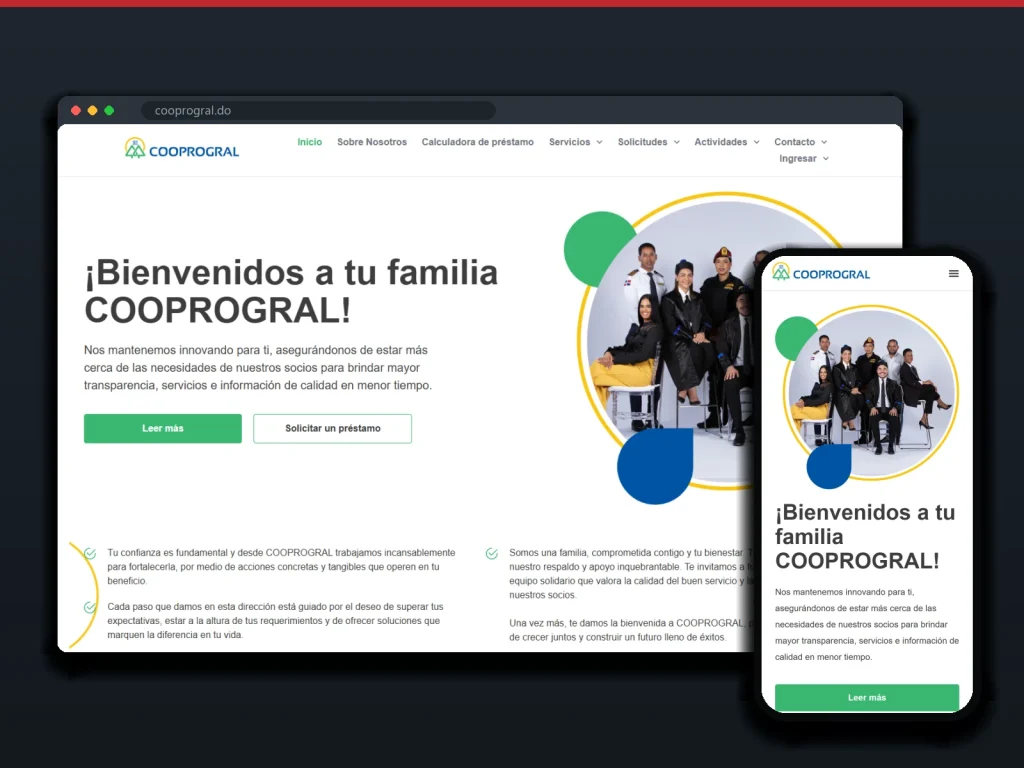 Cooprogral: sitio en escritorio y móvil